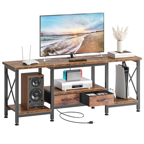 DUMOS 55" TV Stand with Power Outlets, Fabric Drawers & Open Shelves, Brown | Entertainment Center for TVs Up to 65", Media Console TV Table for Living Room & Bedroom - size: 55 Inch