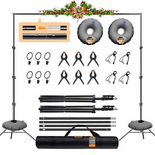 Backdrop Stand, Photo Video Studio 8.5 x10ft Adjustable Support Portable Stand Heavy Duty for Photoshoot, Parties, Projector Screen with 2 Water Bag, 6 Backdrop Clips, 6 Curtain Ring Clip
