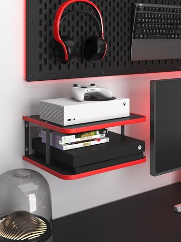 Floating Under TV Game Double Shelf Stand for Xbox Shelf wall Mount for one S/X Series S, Projector Shelf/Router Shelf/Entertainment Center, Projector Holder Accessories, Black Red