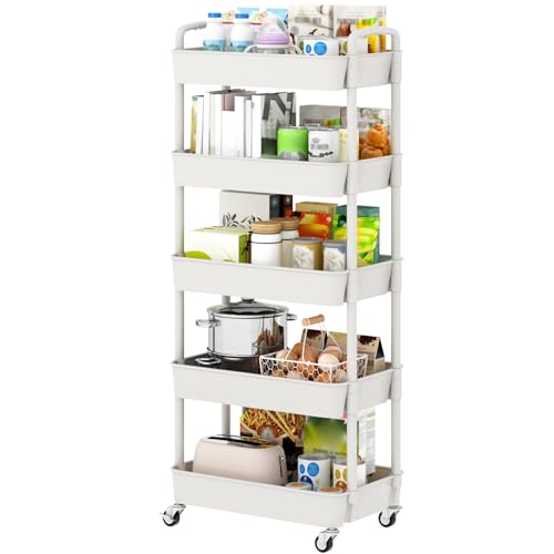 Sywhitta 5-Tier Plastic Rolling Utility Cart with Handle, Multi-Functional Storage Trolley for Office, Living Room, Kitchen, Movable Storage Organizer with Wheels, White - color: White, size: 5-tier