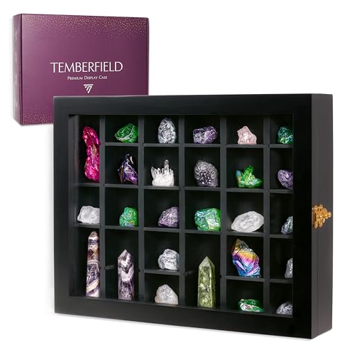 Premium Rock Display Case – Wooden Shadow Box with Shelves for Crystals, Seashell & Figurines – 30 Adjustable Compartments – Real Glass Door – Elegant Storage for Collectibles