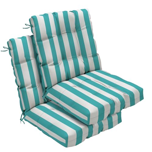 Outdoor Chair Cushions Set of 2, 42x21x4 Inch Patio Cushion for Dining/Rocking Chairs, High Back Soft Seat Pad with Ties, Fade-Resistant & Waterproof, Lake Blue White Stripes - color: Lake Blue White Stripes
