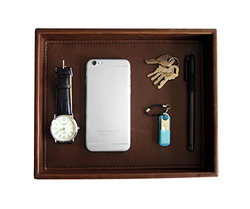 HofferRuffer Decorative Vanity Tray, Desktop Storage Organizer, Catchall Tray, Valet Tray, Nightstand or Dresser Organizer, PU Faux Leather Bathroom Tray, Brown, 10.2 x 8.4 x 1.8 inches - color: Brown, size: 10.2" x 8.4" x 1.8"