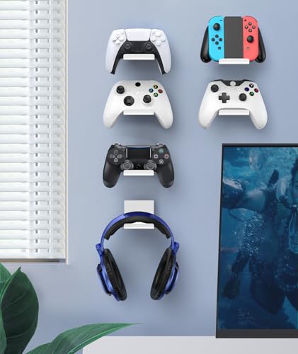6amLifestyle 6 Pack Foldable Controller Wall Mount Holder for Xbox PS5 PS4 PS3 Switch Pro Strong Adhesive/Screw Controller Hanger Hook with Anti-Slip Pad Universal Gaming Remote Accessories, White - color: White