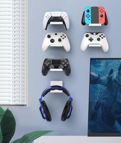 6amLifestyle 6 Pack Foldable Controller Wall Mount Holder for Xbox PS5 PS4 PS3 Switch Pro Strong Adhesive/Screw Controller Hanger Hook with Anti-Slip Pad Universal Gaming Remote Accessories, White - color: White