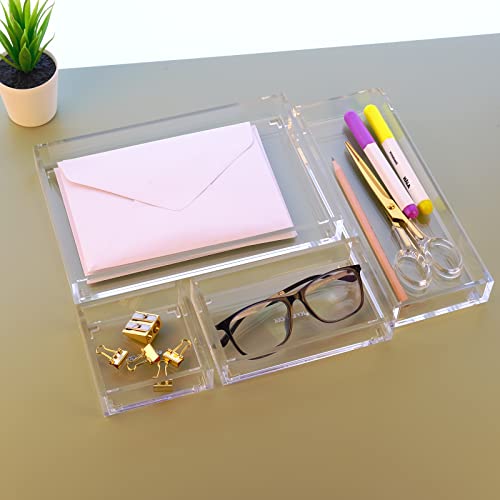 Clear Acrylic Desk Organizer for Office or Home Desk Drawer Dividers, Makeup Vanity Storage Bins, Stackable 4-Pack, Acrylic Accessory and Half Accessory Tray/Small Tray - color: Clear