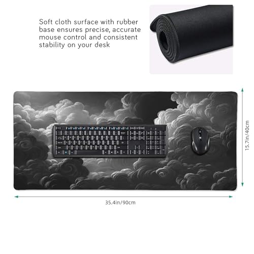 Extended Desk Mat, Dark Storm Cloud Design, Soft Cloth Surface with Non-Slip Rubber Base, 35.4 x 15.7 Inches, for Gaming and Office Use - color: Clouds