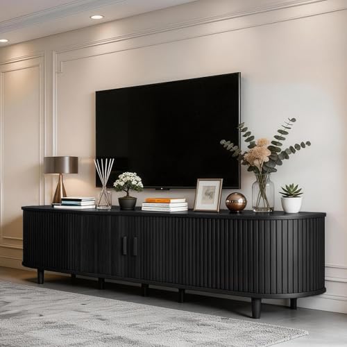 MXV 80" Mid-Century Modern TV Stand with Sliding Doors, TV Consoles with Power Outlet, Fluted Entertainment Center with Adjustable Shelves, for Living Room - color: Black, size: 80in