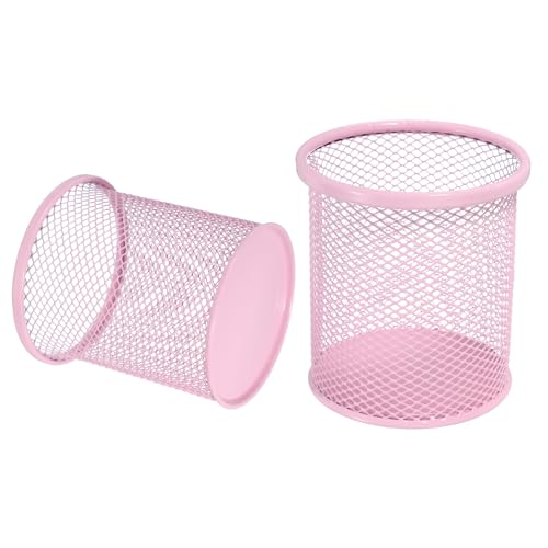 uxcell 2Pcs Mesh Pencil Holder, Metal Pen Cup Desk Organizer Makeup Brush Cup Holder for Home, Office, Classroom(Pink) - color: Pink