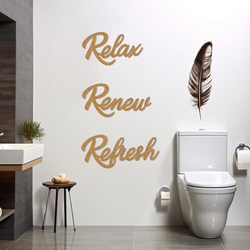 3 Pieces Bathroom Decor Rustic Bathroom Wall Art Wooden Bathroom Sign,Relax Renew Refresh Sign (Brown large) - color: Brown large