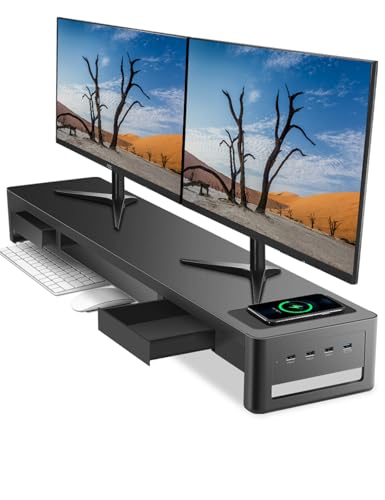 meatanty Dual Monitor Stand Riser with 2 Drawers,4 USB Ports and Charging Pad,Metal Monitor Stand for 2 Monitors Supports Transfer Data and Charging,Desk Organizer for PC,iMac(38.7 inches) - size: Extra-Large