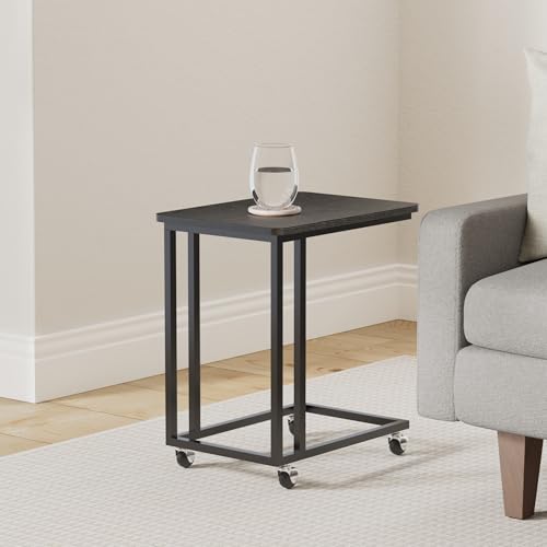 VASAGLE End Table, C Shaped TV Tray with Metal Frame Rolling Casters for Coffee Laptop Mobile Tablet, Industrial Side Table for Living Room Bedroom, 19.7 x 13.8 x 23.6 Inches, Ebony Black, ULNT050B56 - color: Ebony Black, size: 19.7"W x 21.7"H, style: Wit