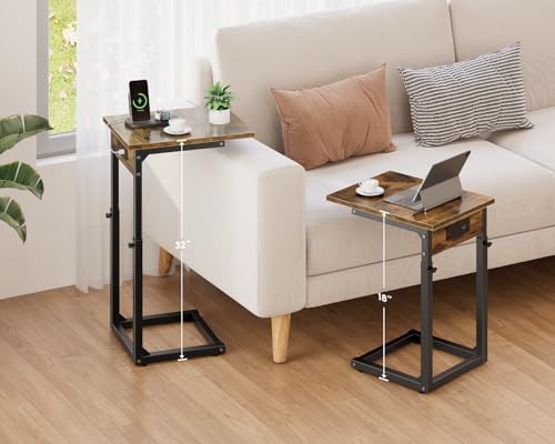 Vagusicc C Shaped End Table with Charging Station, 33"Tall Side Table for Couch, C-Table End Table Adjustable Height Side Table,Slide Under Couch Table TV Tray Table for Sofa,Living Room,Bedroom,Brown - color: Rustic Brown, style: Charging Station