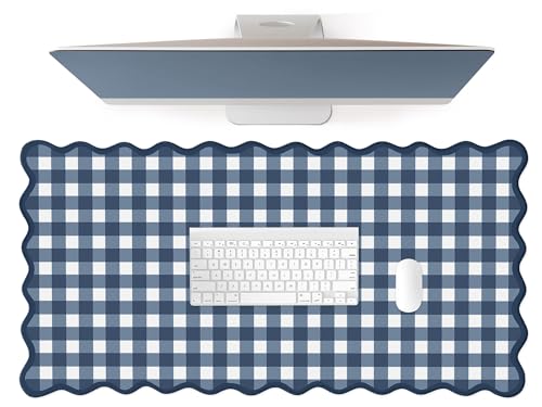 Scalloped‌ Checkered Desk Mat Cute Dark Blue XXL Large Gaming Mouse Pad Gingham Kawaii Cottagecore ‌Vintage‌ Laptop Keyboard Computer Mat for Desktop Aesthetic Desk Pad Accessories Decor - color: B1-dark Blue