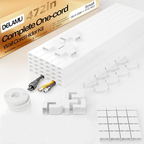Delamu Cord Hider, 472in Cord Covers for Wires on Wall, One-Cord Cable Hider, Self-Adhesive Wire Hiders Wire Covers for TV Cords on Wall, Paintable Baby Monitor Proof Cord Cover, W0.59 H0.4in, White - color: White, size: 472in L x 0.59in W x 0.4in H