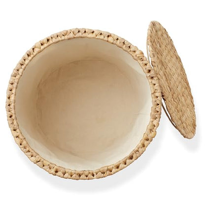 Casafield Round Rolling Storage Basket with Lid - Natural, Handwoven Water Hyacinth Rolling Hamper Storage Bin on Wheels for Living Room, Bedroom, Bathroom, Laundry