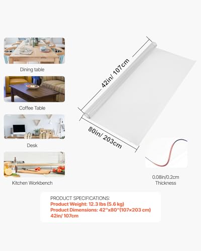 VEVOR Plastic Table Cover, 42 x 80 x 0.08 in, Transparent PVC Table Cloth, Rectangle Clear Desk Mat, Water & Oil-Proof Desk Cloth for Dresser Cabinet, Dining, Coffee and Kitchen Table - size: 80" x 42" (Rectangular)
