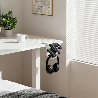 Rotatable Under Desk Headphone Hanger with 2 Controller Slots - 3-in-1 Gaming Accessory with Adjustable Clamp & Cable Organizer,for Home Gaming Xbox ps5 -White