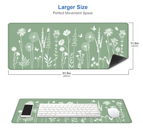 IMAYONDIA Cute Sage Green Desk Mats Mousepad, Plant Floral Anime Deskmat, Aesthetic Desk Pad, Minimalist Mint White Leaves Large Gaming Mouse Pad, Decor Accessories, 31.5 X 11.8 - color: Sage Green Plant