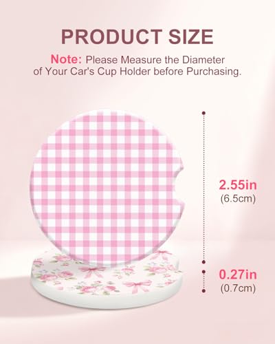 Swooflia Car Coasters for Women - Pink Bow Checkered Ceramic Car Cupholder Coaster Absorbent Mat Coaster with Cork Base 2 Pack 2.55 inch Automotive Cup Holder Accessories New Driver Gifts for Decor - color: Pink Checkered & Pink Bow