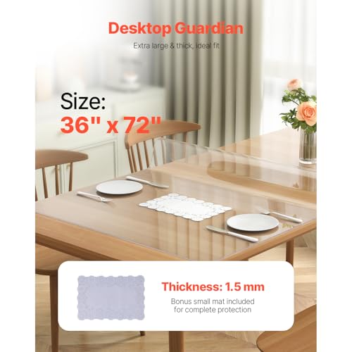 VEVOR Clear Table Cover Protector, 1.5mm Thick 36 x 72 in PVC Plastic Tablecloth, Waterproof & Oil Spill Proof, Customizable Rectangle Table Cover for Writing Desk, Coffee Table, Dining Room Table - size: 72" x 36" (Rectangular)
