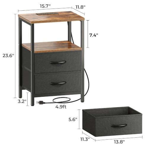 Huuger Nightstand with Charging Station, Side Table with Fabric Drawers, End Table with Open Shelf, Bedside Table with USB Ports and Outlets, Night Stand for Bedroom, Rustic Brown and Black - color: Rustic Brown and Black, size: 11.8"d X 15.7"w X 23.6"h (