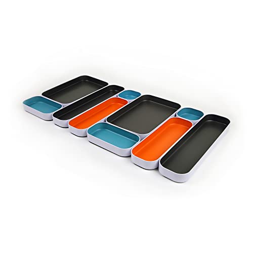 Three by Three Seattle 10 Piece Metal Organizer Tray Set for Storing Makeup, Stationery, Utensils, and More in Office Desk, Kitchen and Bathroom Drawers (1 Inch, Gray, Sky Blue, Orange) - color: Gray, Sky Blue, Orange, size: 10 Piece