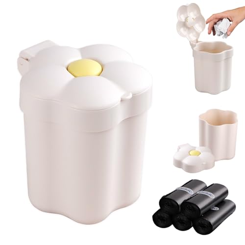 CEYAZYE Cute Desktop Mini Trash Can with 5 Roll Bags | Small Garbage Cans with Lid for Tabletop Countertop, Plastic Waste Basket Recycling Bin for Office Bathroom Bedroom Kitchen