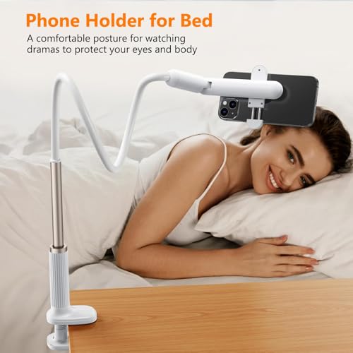Gooseneck Phone Holder for Bed, Universal Cell Phone Stand with Clamp Mount, 900° Rotation Overhead Phone Mount with Flexible Long Arm for Bedside,Headboard,Desk (43.3 Inches Length) - size: 43.3 Inches Length