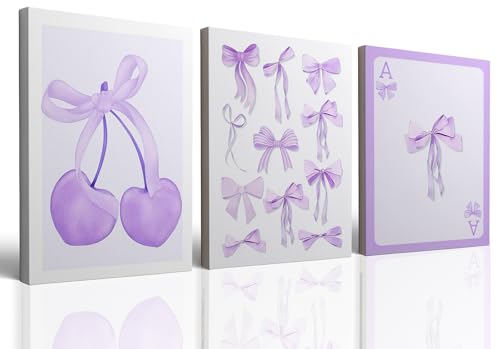 Framed Purple Coquette Trendy Preppy Bows Cherry Wall Art Prints Set of 3 Watercolor Light Purple Poker Posters Wall Decor Girly Dorm Room College Apartment Aesthetic for Girls Bedroom 12x16 inch - size: Framed 12x16 inch