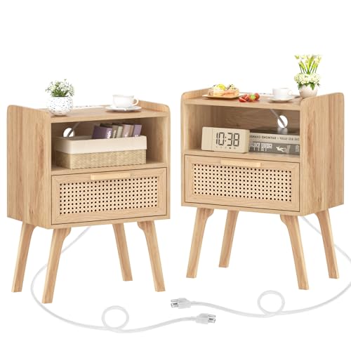 Lerliuo Rattan Nightstands Set of 2 with Charging Station, Boho Night Stand with Handmade Natural Rattan Drawer and Open Shelf, Side End Tables with Solid Wood Legs for Bedroom, Dorm, Small Spaces - color: Wood, size: 2 pack