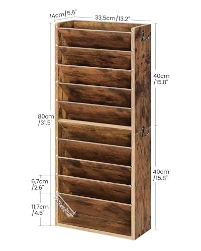 CHOEZON Wall File Organizer, 10-Tier Hanging Mail Organizer, Wall Mount File Holder with 4 Side Hooks, Mail and Storage Organizer, Wooden Vertical Hanging Holder for Office, Rustic Brown MWJ03FG - color: Rustic Brown, size: 10-Tier