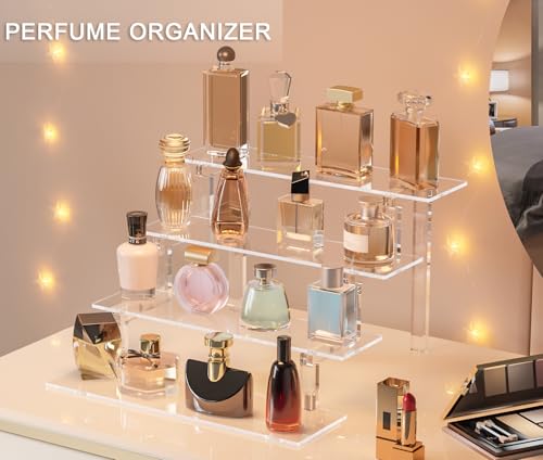 Acrylic Tiered Display Stand Shelf, 12”Perfume Stand Organizer, Large Acrylic Display Riser, Clear Pop Shelf for Perfume Cologne Makeup Dessert Collectibles Decoration (3 Pack)