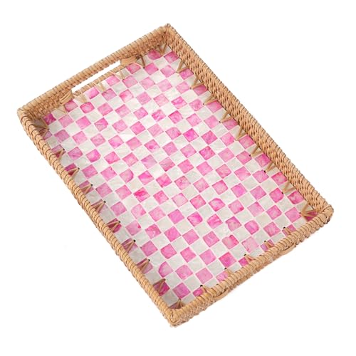 Rectangle Rattan Tray with Mother of Pearl Inlay, Rattan Serving Tray with Handle for Coffee, Bread, Fruits, Decorative Wicker Tray for Table Decor (Rectangle Pink Checkerboard, 13"×9") - color: Pink Checkerboard