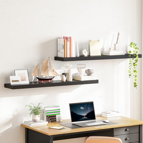 HOOBRO Floating Shelves for Wall, Wall Mounted Shelf Set of 2, 47.2" Hanging Shelf with Invisible Brackets, for Wall Decor Storage in Bathroom Bedroom Kitchen Living Room Office, Black BK120BJP201 - color: Black, size: 47.2 Inches