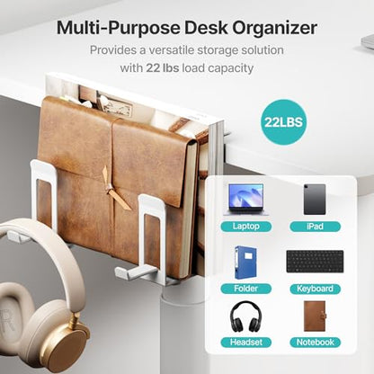 PEGZONE Laptop Stand Vertical, 2-Slot Under Desk Laptop Holder, White | Desk Side Storage with Headphone Holder, Laptop Organizer for Office Gaming - color: White