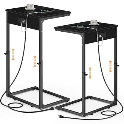 Vagusicc C Shaped End Tables Set of 2 with Charging Station, 33.2'' Tall C Table Adjustable Height Side Table, Small Side Table for Small Spaces, Couch Sofa Table TV Tray for Living Room, Black - color: Black (2 Pack), style: With Plug