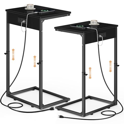 Vagusicc C Shaped End Tables Set of 2 with Charging Station, 33.2'' Tall C Table Adjustable Height Side Table, Small Side Table for Small Spaces, Couch Sofa Table TV Tray for Living Room, Black - color: Black (2 Pack), style: With Plug