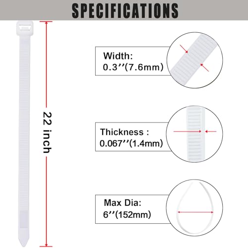 Cable Zip Ties, Heavy Duty Self Locking Zipties, 100 Pack White 22 Inch 120LB, Nylon Cord Management,Plastic Wire Ties for Office,Home,Garden,Workshop (22"-120LB) - size: 22"White-120LB