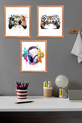BAYKUL Watercolor Gaming Posters Set of 3 (8x10 Inches), Room Wall Decorations for Bedroom, Gaming Room Decor, Gamer, Boy, Teen Room Wall Art Decor, Gaming Room Accessories (Black Gaming) - color: White Gaming