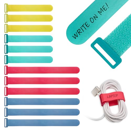 Wrap-It Storage Write On! Cinch Straps - Assorted 12-Pack - Colorful Hook and Loop Cord Organizer Straps for Office Desk Accessories to Organize and Label Cable Management - size: Assorted 12-Pack