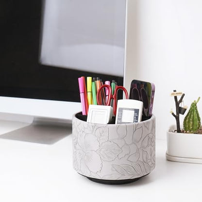 Round Leather Art Supply Organizer,Remote Control Holder,360 Degree Spinning,Multi-Functional Pencil Holder,4 Compartments Desktop Stationary Organizer(1-Carved Grey) - color: 1-Carved Grey