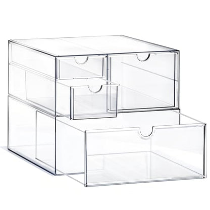 Prsildan Acrylic Drawer Makeup Organizer with 4 Drawers, Set of 2 | Clear, Baby Bottle Storage, For Vanity Countertop Bathroom Cosmetic Office Desk, Craft Jewelry Art Supply Organization - style: 4 Drawers