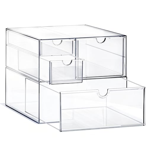 Prsildan Acrylic Drawer Makeup Organizer with 4 Drawers, Set of 2 | Clear, Baby Bottle Storage, For Vanity Countertop Bathroom Cosmetic Office Desk, Craft Jewelry Art Supply Organization - style: 4 Drawers