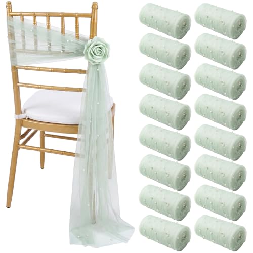 Moukeren 16 Packs Sage Green Pearls Chair Sashes 8ft Sheer Fabric Wedding Aisle Chair Decorations Fabric Sheer Church Seat Slipcovers Drapes with Ribbon Tape for Party Banquet Wedding Bridal Shower - color: Sage Green, style: Pearls