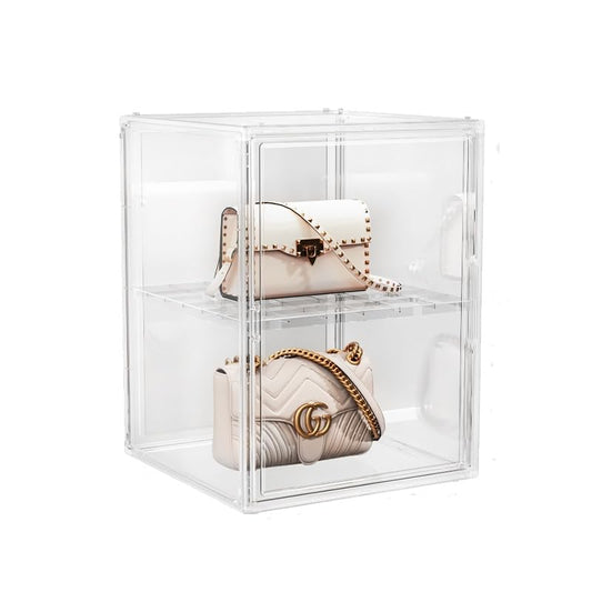 BOHOIDEE X-Large 2 Tiers 14.2"X10.6"X8" Acrylic Display Case with 1 Division Board, Clear Organizer Box Plastic Holder with Magnetic Door for Loungefly Backpack, Handbags, Purses, Boots - size: X-Large