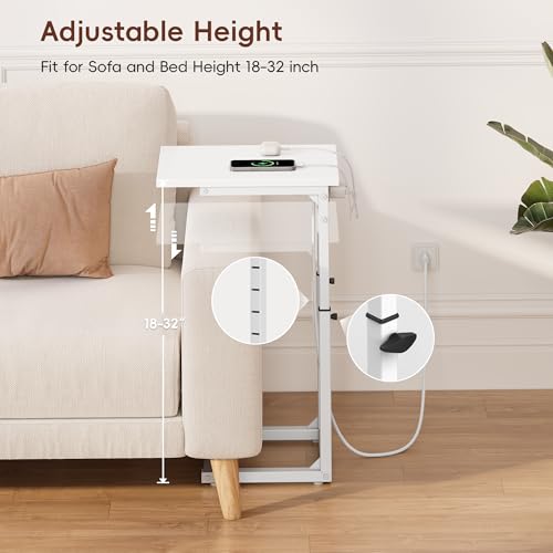 Vagusicc C Shaped End Table with Charging Station, C Table End Table Adjustable Height Sofa Table, Side Table for Couch, Couch Table that Slide Under, TV Tray Arm Table for Living Room,Bedroom, White - color: White, style: Charging Station