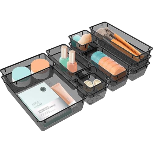 StorMiracle 13 PCS Clear Plastic Drawer Organizers Set, 4 Size Desk Drawer Organizer Trays for Makeup, Jewelry, Kitchen Utensils, Gadgets and Office Accessories, Black - color: Black, size: 13 PCS