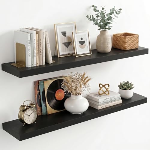fuqing 40 Inch Floating Shelves | 6.7 Inch Deep Black Shelves for Wall Set of 2 | 40''W x 6.7''D x 1.4''H Black Wood Shelves for Living Room Bathroom Bedroom Kitchen Home Office - color: Black, size: 40 Inch