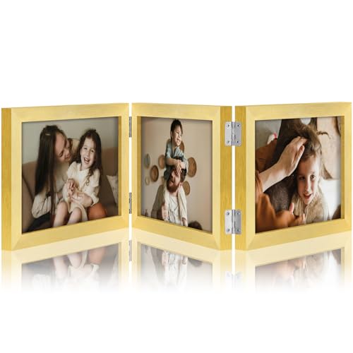 decorUhome Gold Triple 7x5 Picture Frame Horizontal, MDGD08 | "Z" Shape Folding Design Engineered Wood Trifold Photo Frame with Plexiglass for Tabletop Display - color: Gold, size: 7x5